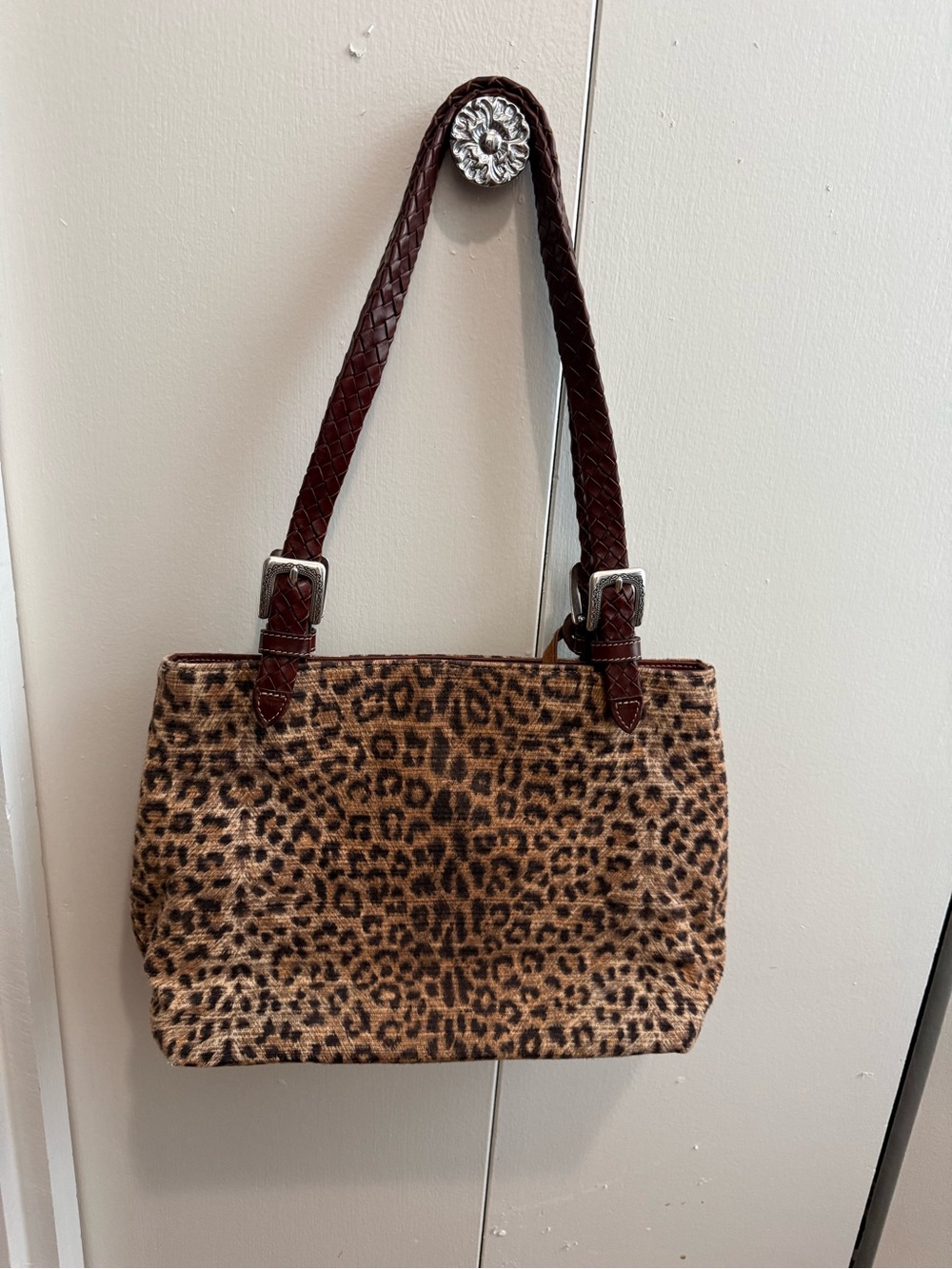 Brighton Leopard-Print Shoulder Bag with Braided Brown Straps